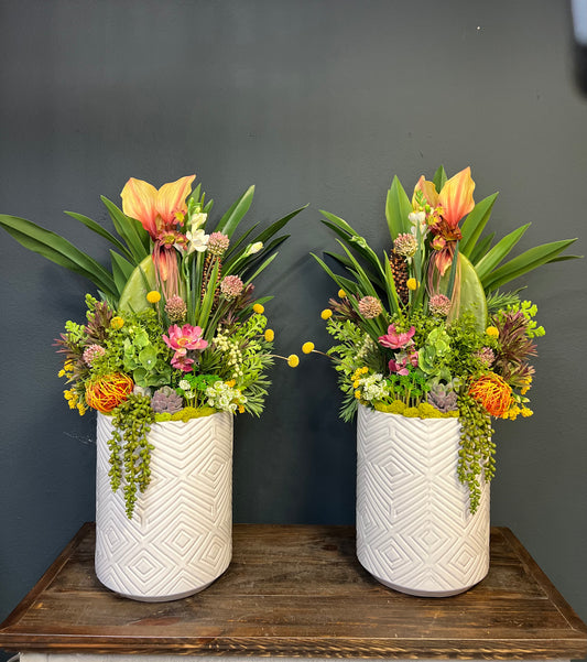 Custom Botanical and Succulent Arrangements in White Ceramic Pots