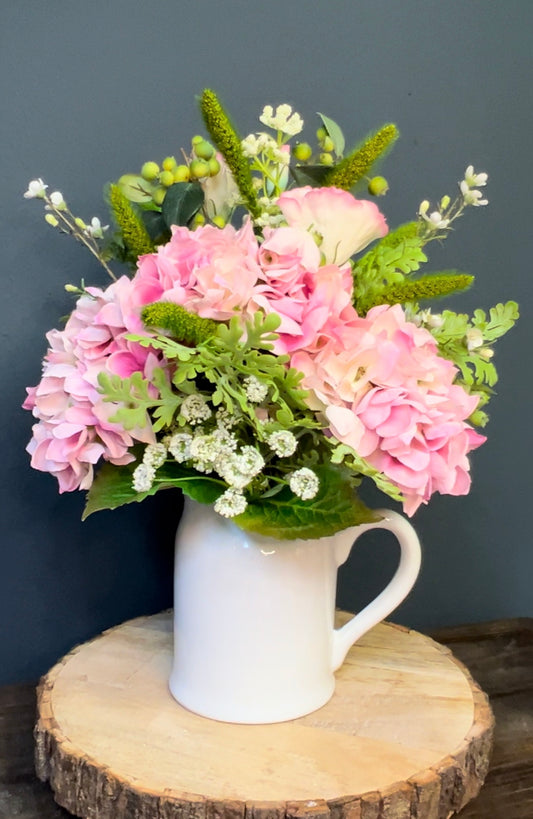 Pink Hydrangea in White Pitcher