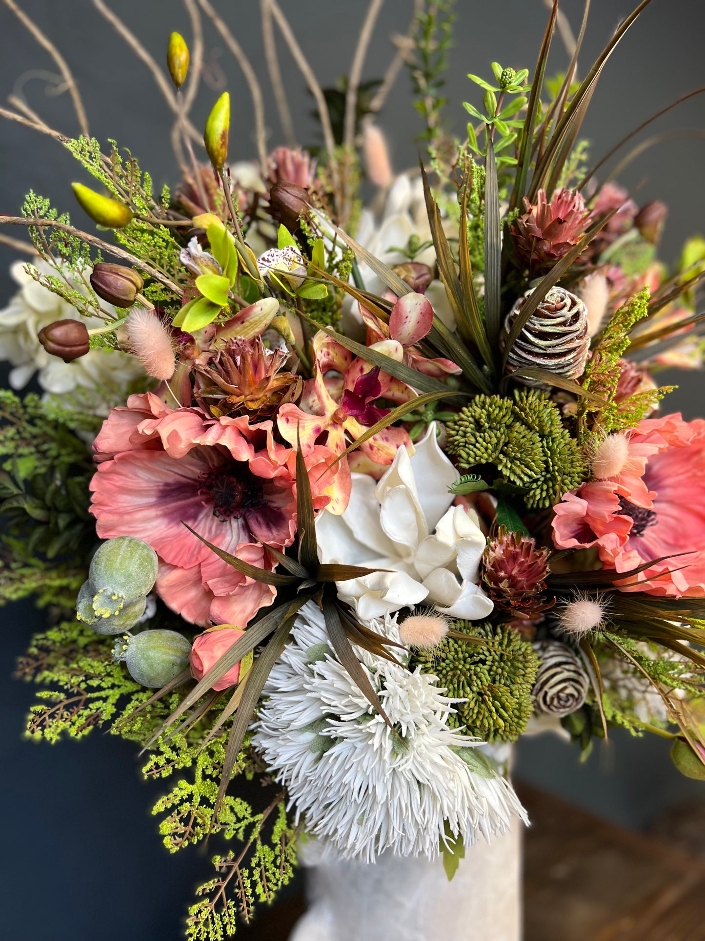 Ceramic Bubble Vase With Large Peach Poppies and Cone Hydrangeas