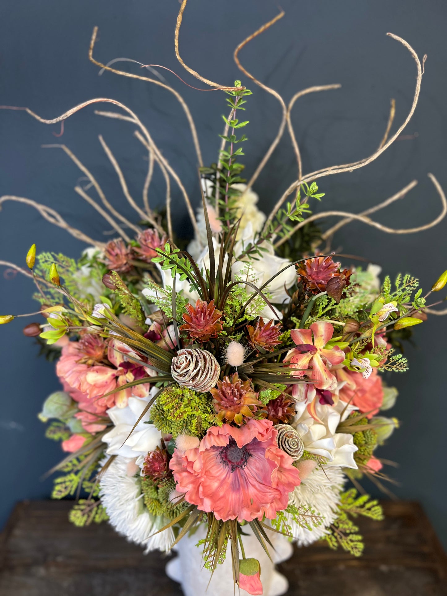 Ceramic Bubble Vase With Large Peach Poppies and Cone Hydrangeas