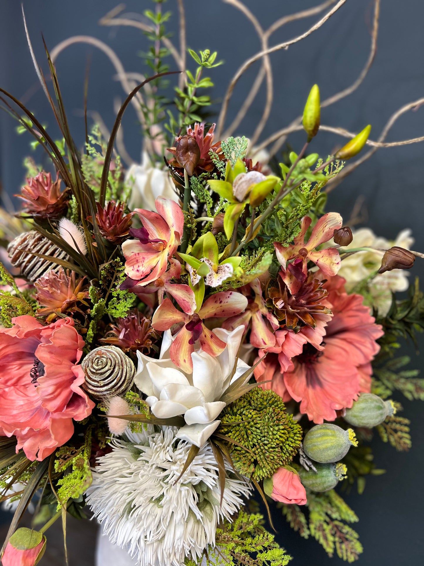 Ceramic Bubble Vase With Large Peach Poppies and Cone Hydrangeas