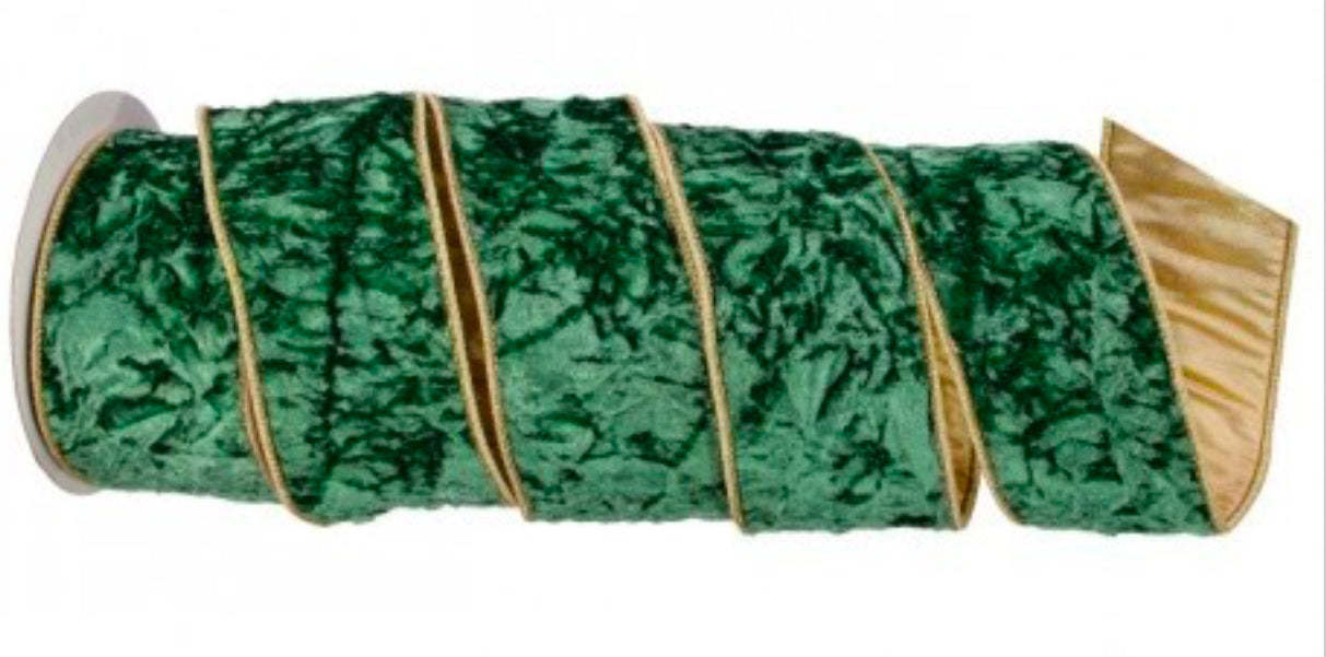 2.5 in Green Crushed Velvet Ribbon with Gold Trim/Backing