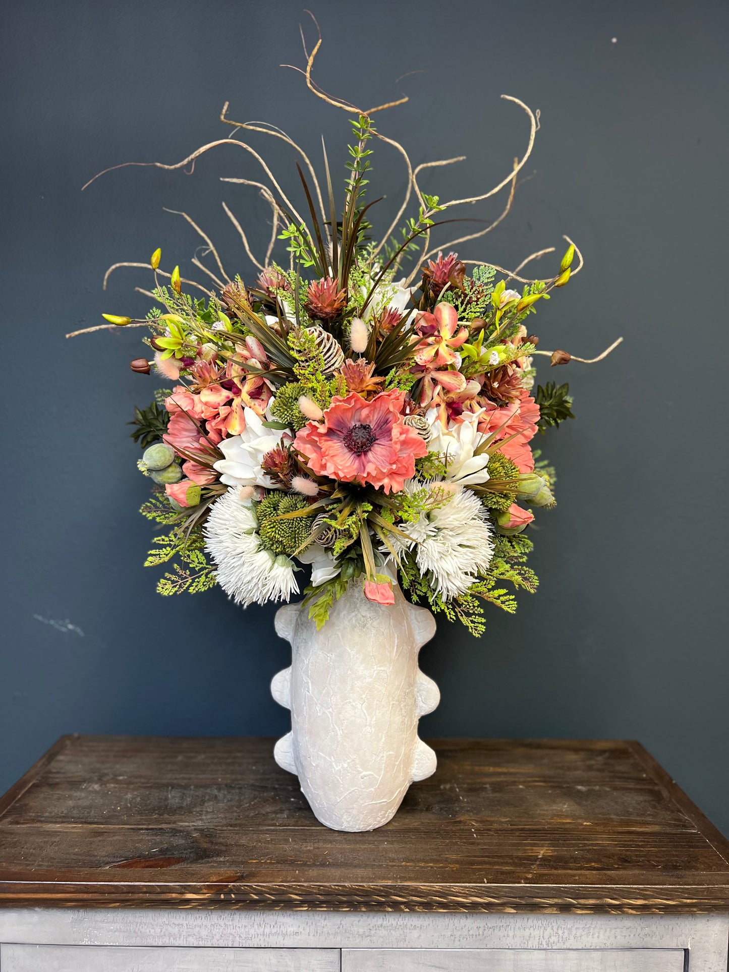 Ceramic Bubble Vase With Large Peach Poppies and Cone Hydrangeas