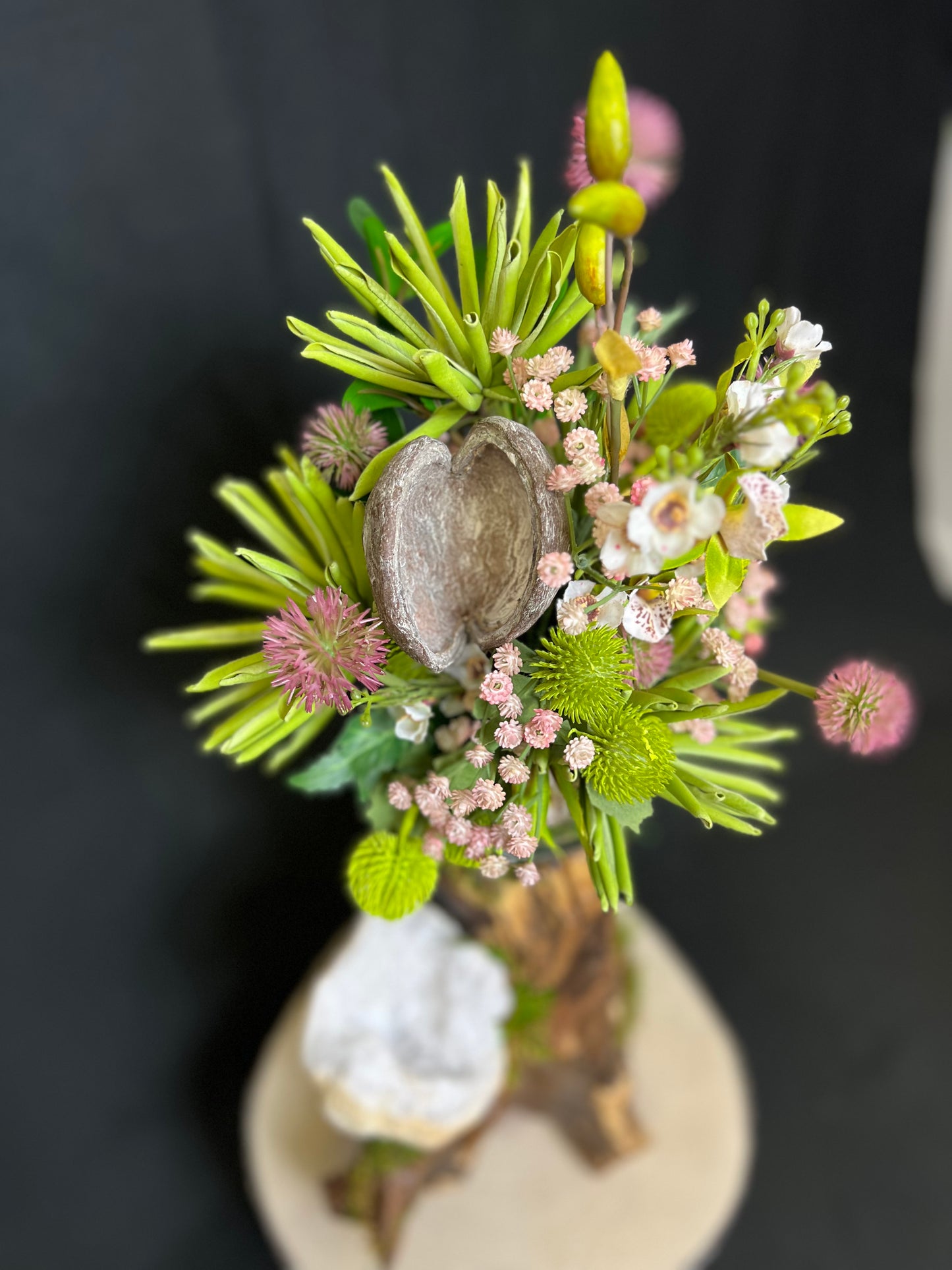 Teakwood Root and Blown Glass Planter With a White Selenite Geode