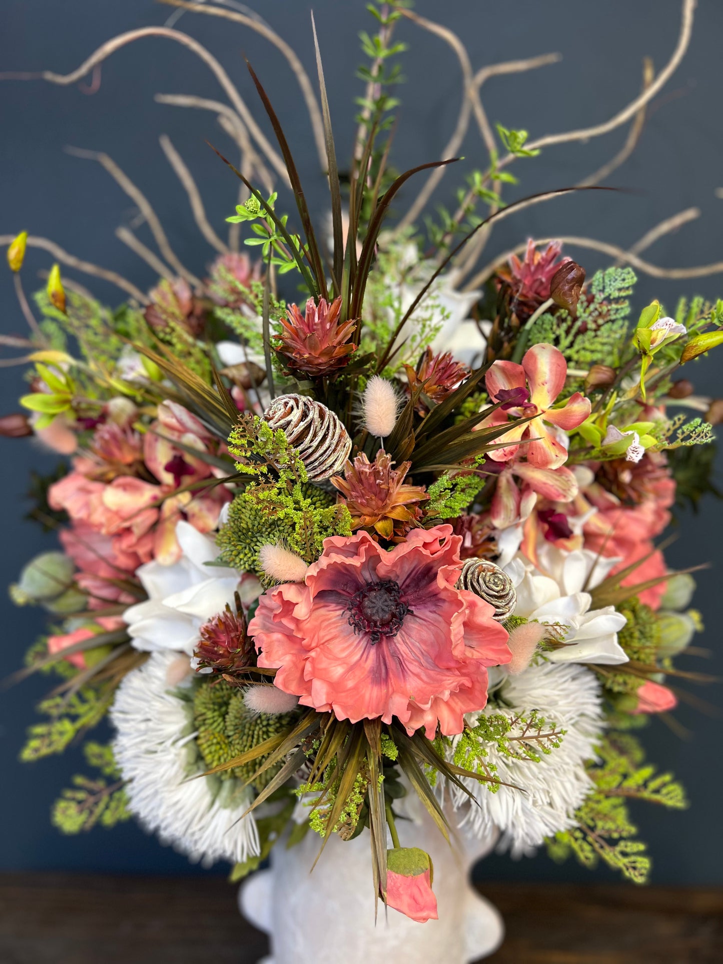 Ceramic Bubble Vase With Large Peach Poppies and Cone Hydrangeas