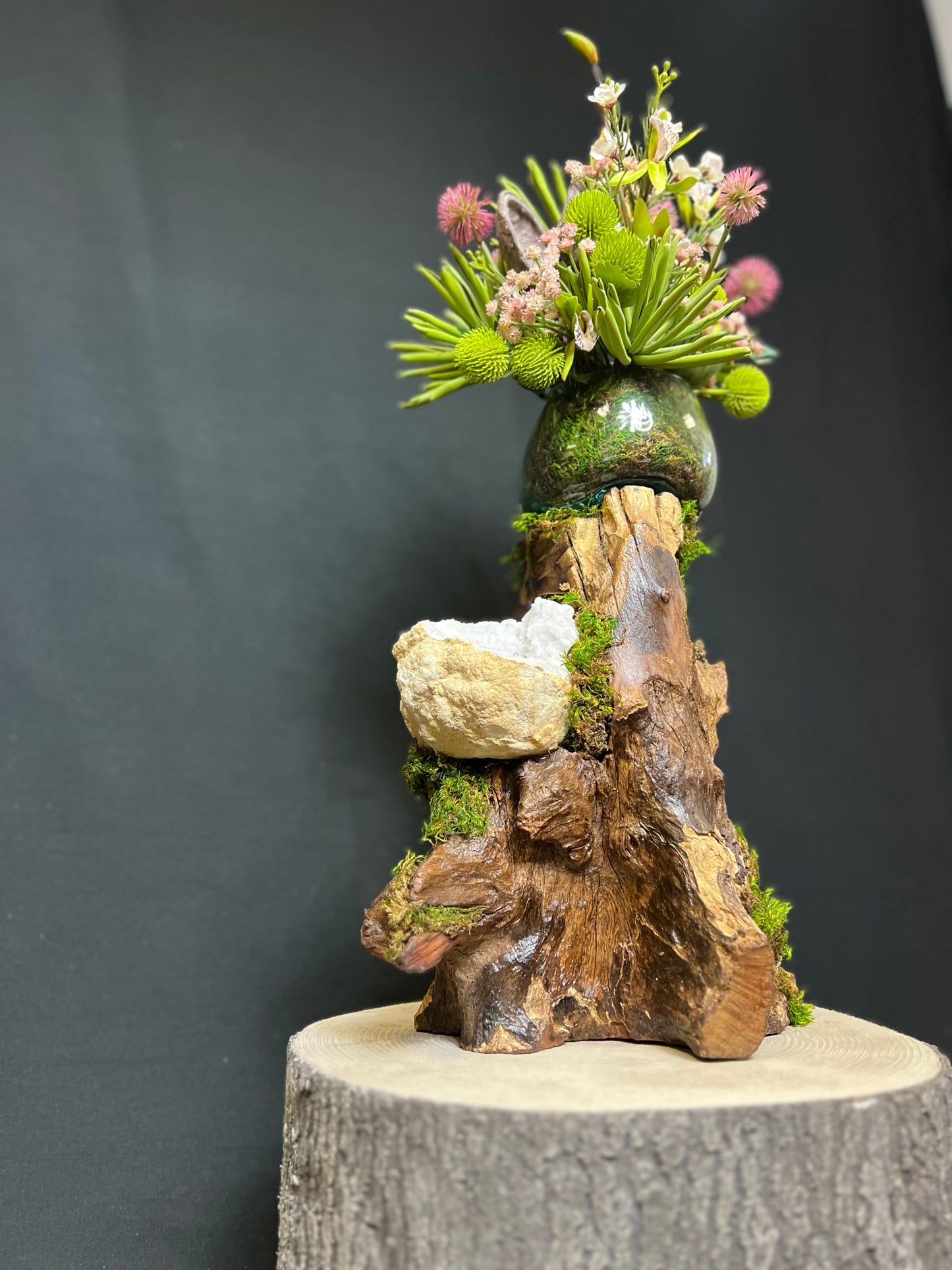 Teakwood Root and Blown Glass Planter With a White Selenite Geode