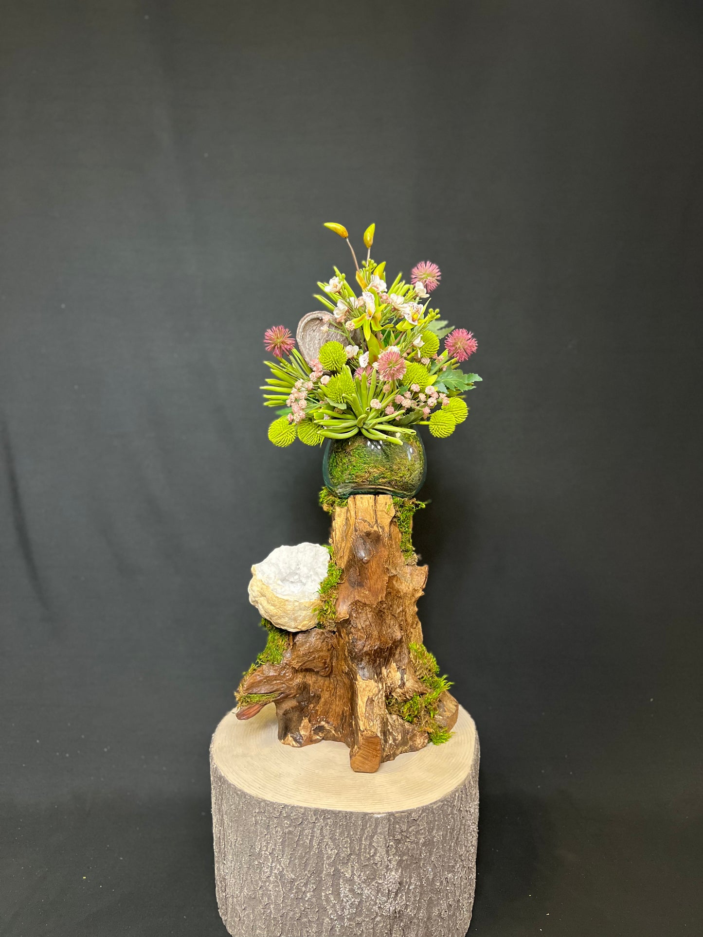 Teakwood Root and Blown Glass Planter With a White Selenite Geode