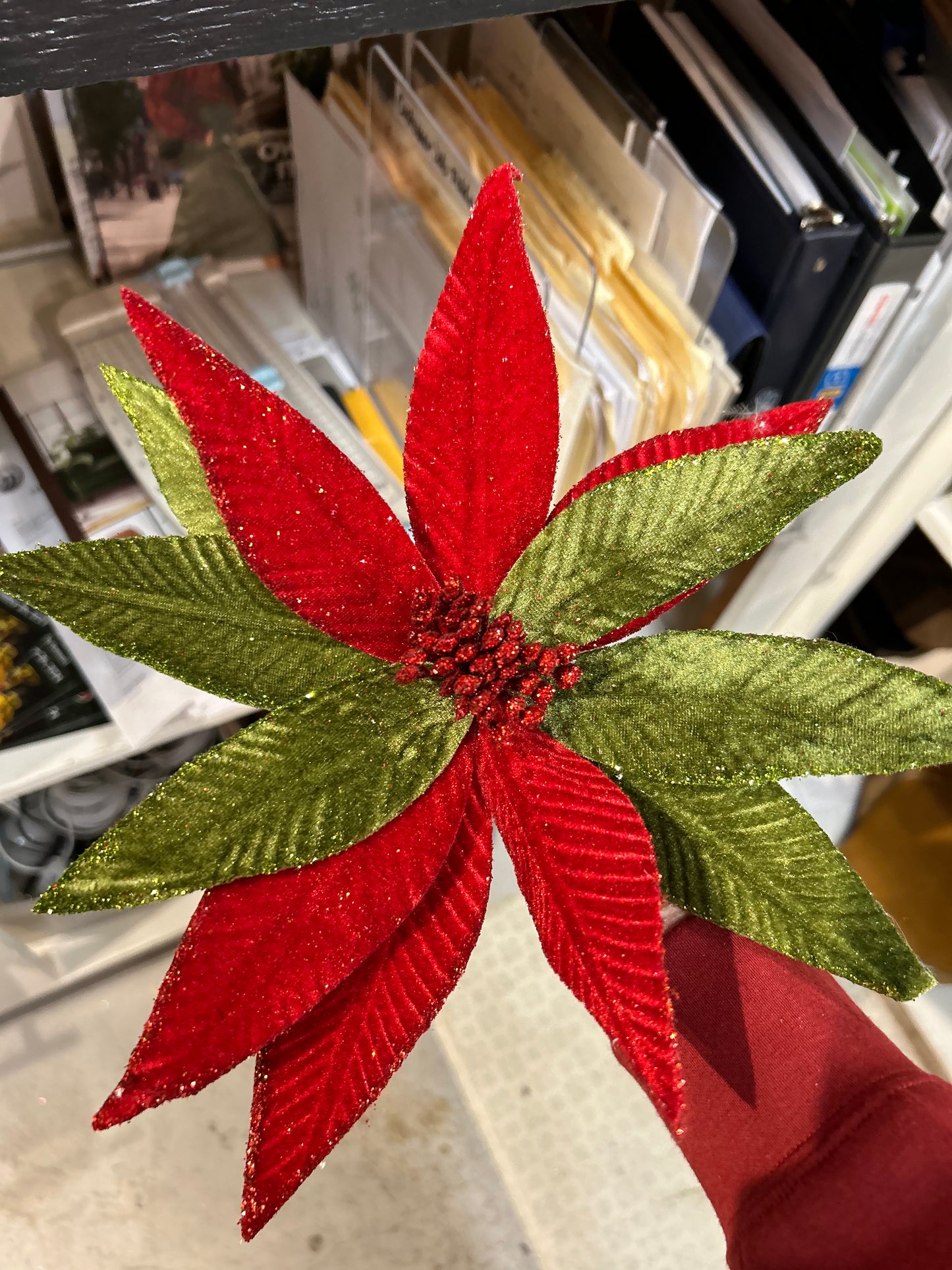 25 inch Glitter Trimmed Red & Green Poinsettia