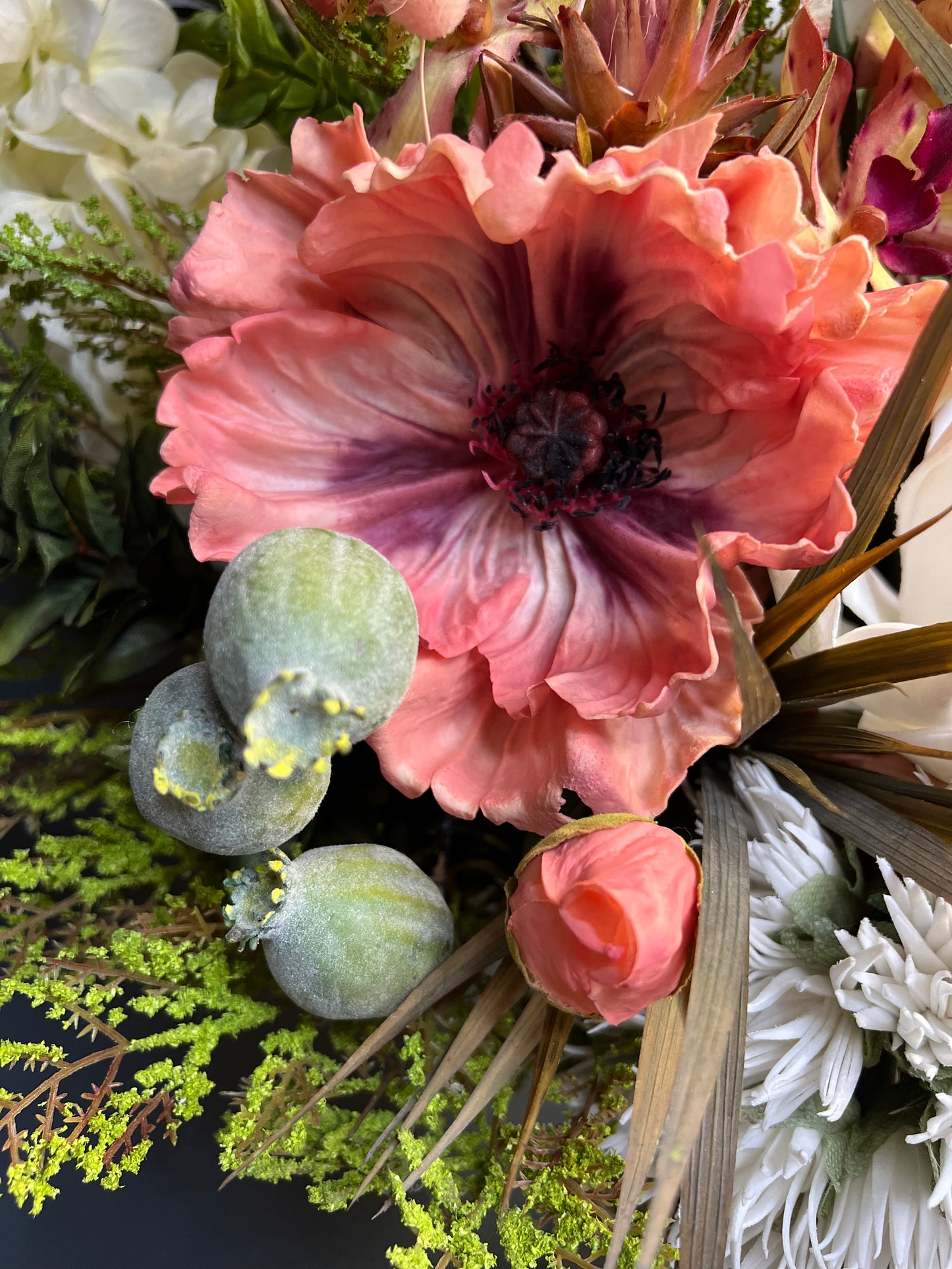 Ceramic Bubble Vase With Large Peach Poppies and Cone Hydrangeas