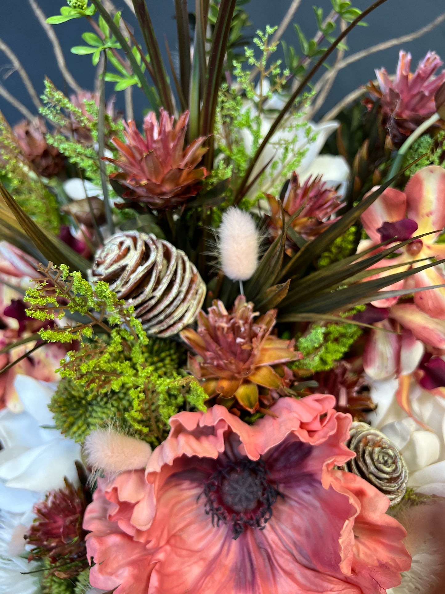 Ceramic Bubble Vase With Large Peach Poppies and Cone Hydrangeas