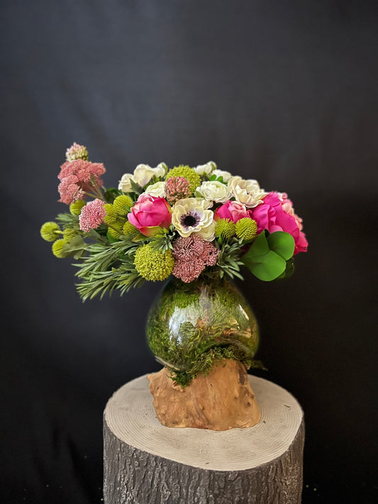 The Peony Driftwood Glass Arrangement