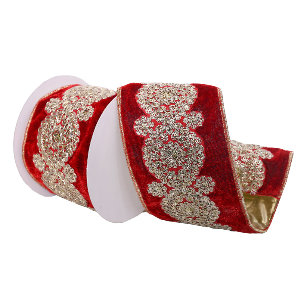 4"x5yd Red Velvet Ribbon Gold Sequin